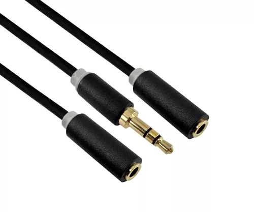 Audio adaptér 3,5 mm jack na 2x jack, pripojenie 2x 3,5 mm jack na jeden konektor, čierny, DINIC box s euro otvorom, dĺžka 0,20 m